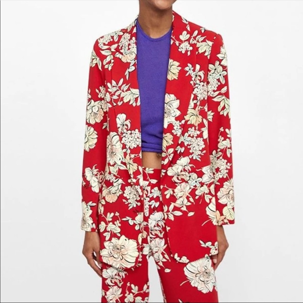 Zara Red Floral Print Blazer Size Small